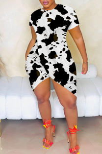 Black And White Sexy Print Slit O Neck Wrapped Skirt Dresses