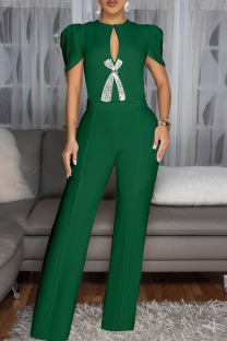 Green Casual Solid Color Hollow Out Bow Decor O Neck Bodycon Jumpsuits
