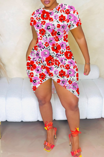 White Sexy Print Slit O Neck Wrapped Skirt Dresses