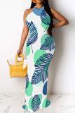 Gradient Color Casual Print Patchwork O Neck Long Dresses