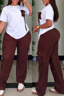 Coffee Casual Daily Patchwork Contrast O Neck Short Sleeve Two Pieces