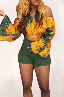 Army Green Casual Print Patchwork Off Shoulder Long Sleeve Two Pieces