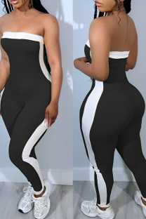 Black Sexy Solid Color Contrast Strapless Skinny Jumpsuits