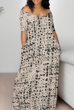 Gray Green Casual Print Patchwork Off Shoulder Long Dresses