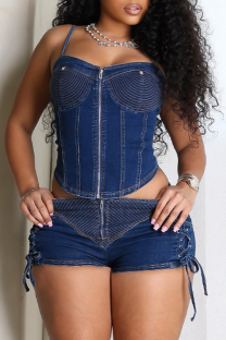 Blue Sexy Solid Color Backless Cross Straps Halter Sleeveless Two Pieces