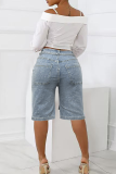 Light Blue Casual Solid Color With Belt Hot Drill Mid Waist Loose Denim Shorts