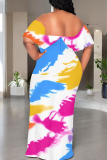 Beige Casual Print Patchwork Off Shoulder Long Dresses