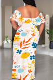 Beige Casual Print Patchwork Off Shoulder Long Dresses