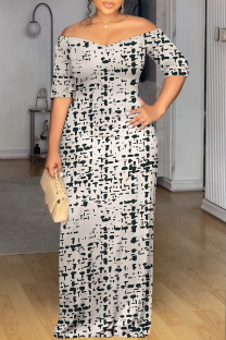 Khaki Casual Print Patchwork Off Shoulder Long Dresses