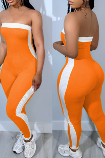 Tangerine Red Sexy Solid Color Contrast Strapless Skinny Jumpsuits