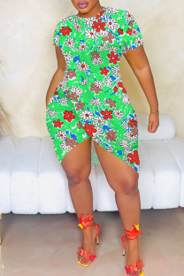 Green Sexy Print Slit O Neck Wrapped Skirt Dresses