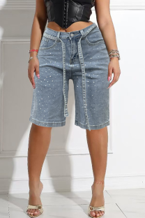 Light Blue Casual Solid Color With Belt Hot Drill Mid Waist Loose Denim Shorts