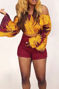 Red Casual Print Patchwork Off Shoulder Long Sleeve Two Pieces