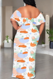 Beige Casual Print Patchwork Off Shoulder Long Dresses