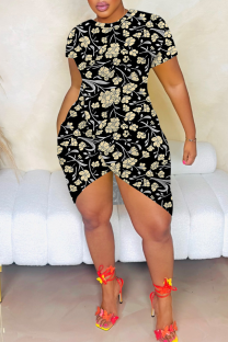 Black Sexy Print Slit O Neck Wrapped Skirt Dresses