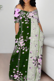 Gray Green Casual Print Patchwork Off Shoulder Long Dresses