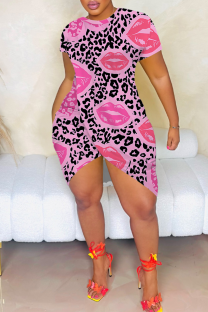 Pink Sexy Print Slit O Neck Wrapped Skirt Dresses
