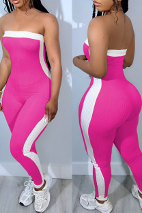 Rose Red Sexy Solid Color Contrast Strapless Skinny Jumpsuits