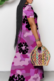 Gray Green Casual Print Patchwork Off Shoulder Long Dresses