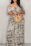 Gray Green Casual Print Patchwork Off Shoulder Long Dresses