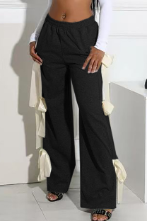 Black Casual Solid Color Pocket Bow Decor Loose Mid Waist Conventional Patchwork Bottoms