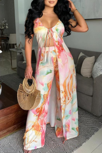 Pink Sexy Print Strap Design Spaghetti Strap Sleeveless Two Pieces