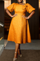 Orange Casual Solid Color Jacquard Flower Shape O Neck Long Dresses