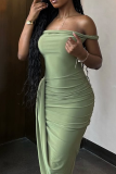 Green Sexy Solid Color Slit Off Shoulder Long Dresses