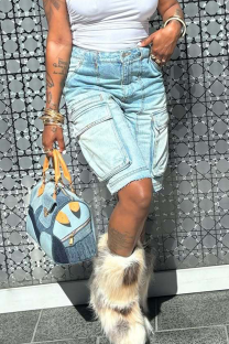 Blue Casual Solid Color Pocket Mid Waist Straight Denim Shorts