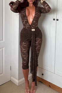 Coffee Sexy Solid Color Lace Ruched Deep V Neck Skinny Jumpsuits
