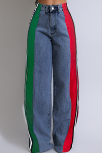 Turquoise Casual Contrast Mid Waist Loose Denim Jeans