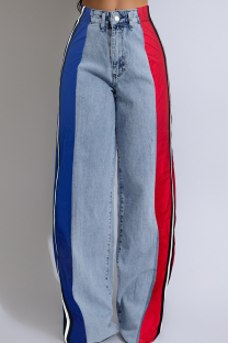 Light Blue Red Casual Contrast Mid Waist Loose Denim Jeans