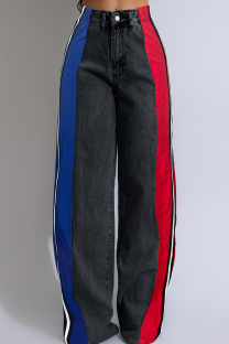 Black Red Casual Contrast Mid Waist Loose Denim Jeans