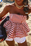 Red Sexy Plaid Backless Strapless Tops