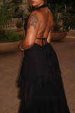 Black Sexy Solid Color Backless High Slit Deep V Neck Long Dresses