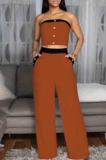 Yellow Brown Casual Solid Color Buckle Strapless Sleeveless Two Pieces