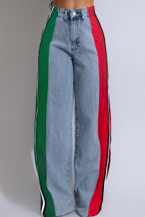 Red Green Casual Contrast Mid Waist Loose Denim Jeans