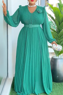 Green Elegant Solid Color With Belt Pleated V Neck Long Plus Size Dresses