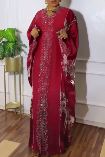 Red Casual Hot Drill V Neck Long Dresses
