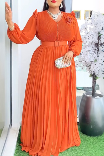 Orange Elegant Solid Color With Belt Pleated V Neck Long Plus Size Dresses