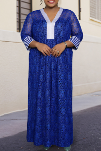 Blue Casual Print Patchwork V Neck Long Sleeve Two Pieces