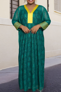 Green Casual Print Patchwork V Neck Long Sleeve Two Pieces