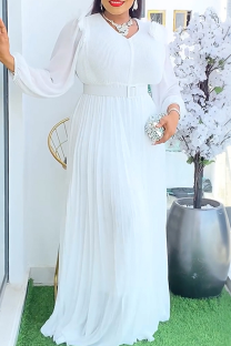 White Elegant Solid Color With Belt Pleated V Neck Long Plus Size Dresses