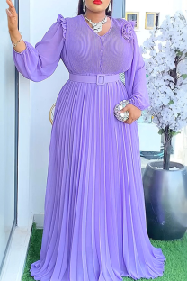 Purple Elegant Solid Color With Belt Pleated V Neck Long Plus Size Dresses