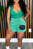 Green Casual Solid Color Draw String V Neck Sleeveless Two Pieces