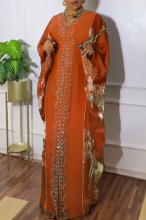 Orange Casual Hot Drill V Neck Long Dresses