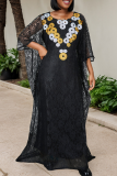 Black Casual Embroidery Hot Drill O Neck Three Quarter Two Pieces