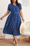 Blue Casual Print Patchwork V Neck Long Plus Size Dresses