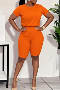 Orange Casual Solid Color Patchwork O Neck Short Sleeve Two Pieces