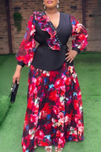 Red Casual Print With Belt Stringy Selvedge V Neck Plus Size Two Pieces